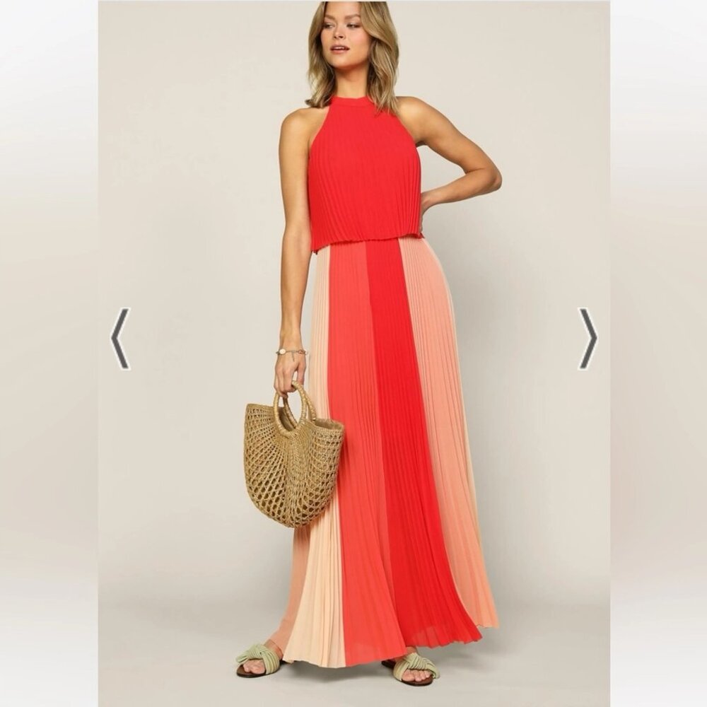 Coral/Peach/Pink Color Block Pleated Halter Maxi Dress